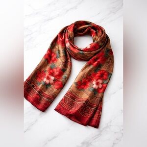 Oscar de la Renta Silk Scarf Vintage Red Gold Floral Paisley Oblong 53” Luxury